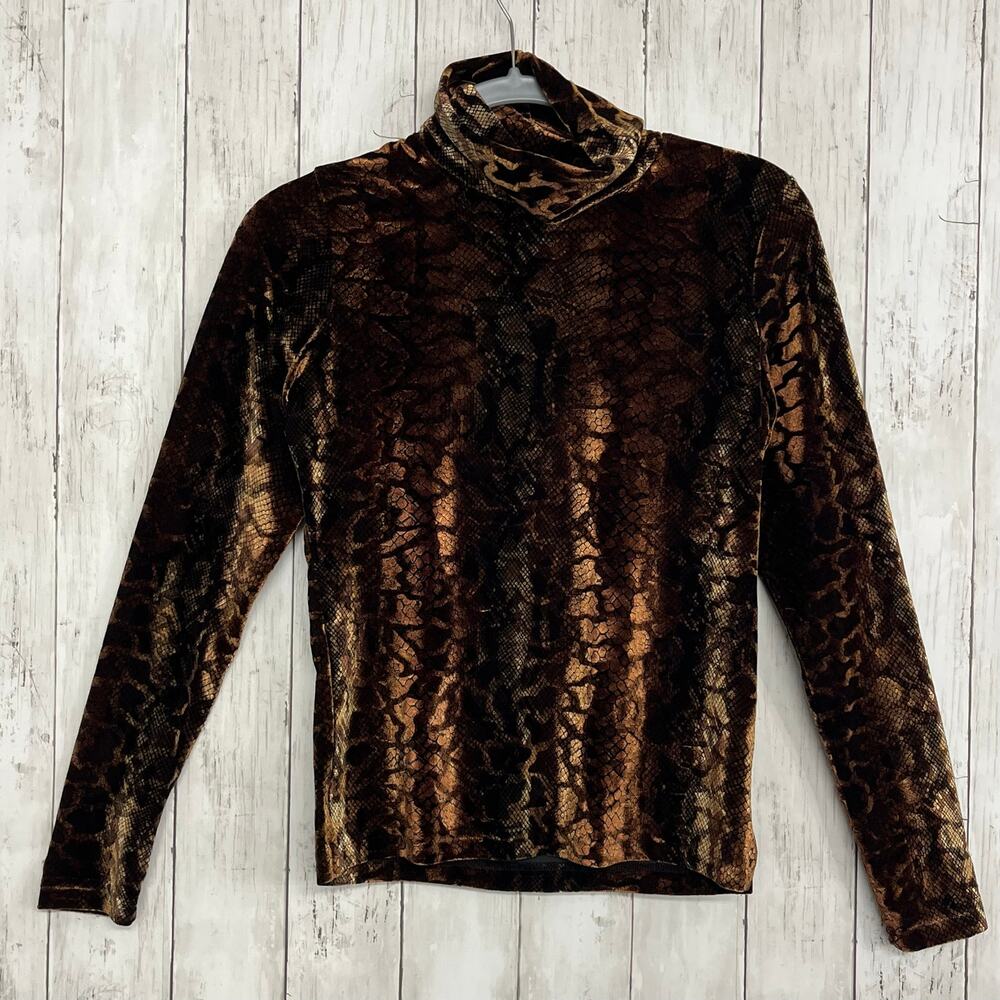Sno Skins Velvet Brown Gold Animal Print Mock Neck Top XS USA Stretch Artsy